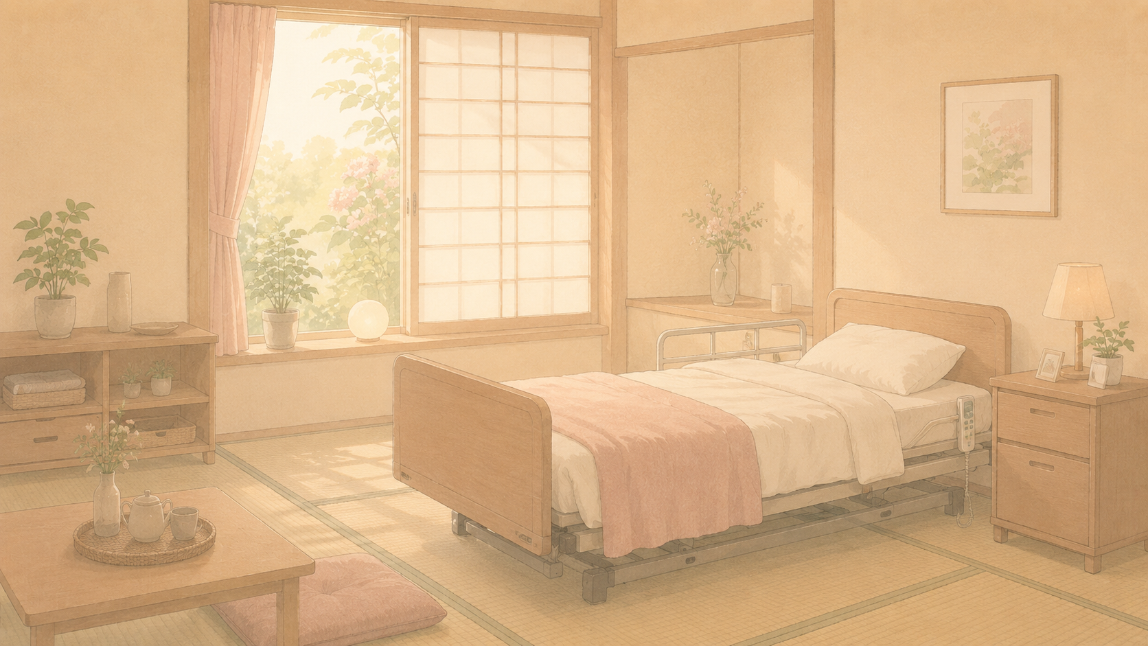 柔らかな光が差し込む窓辺と、整えられた静かな和室