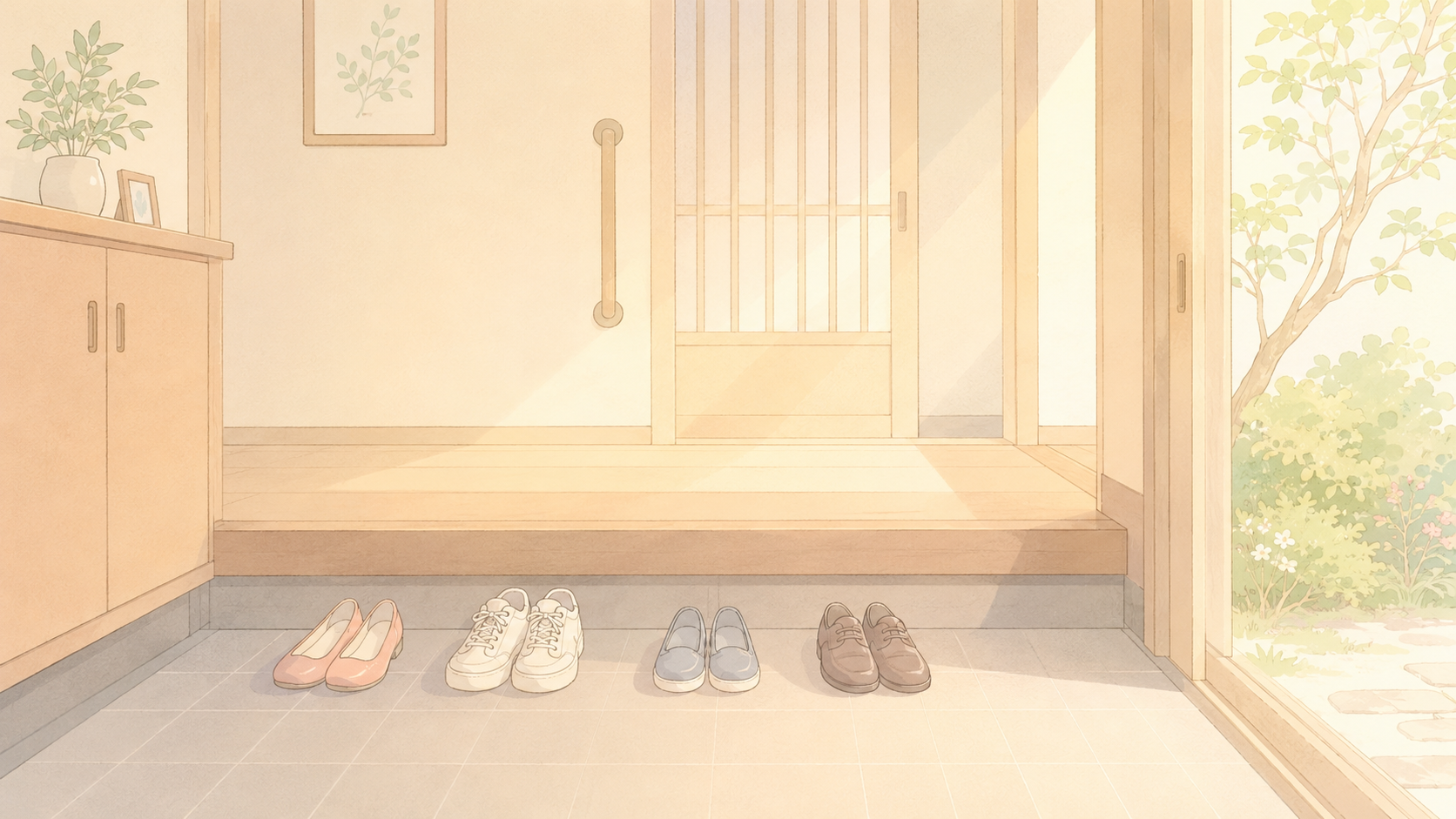 玄関にそろえられた靴と、差し込む午後のやわらかな光