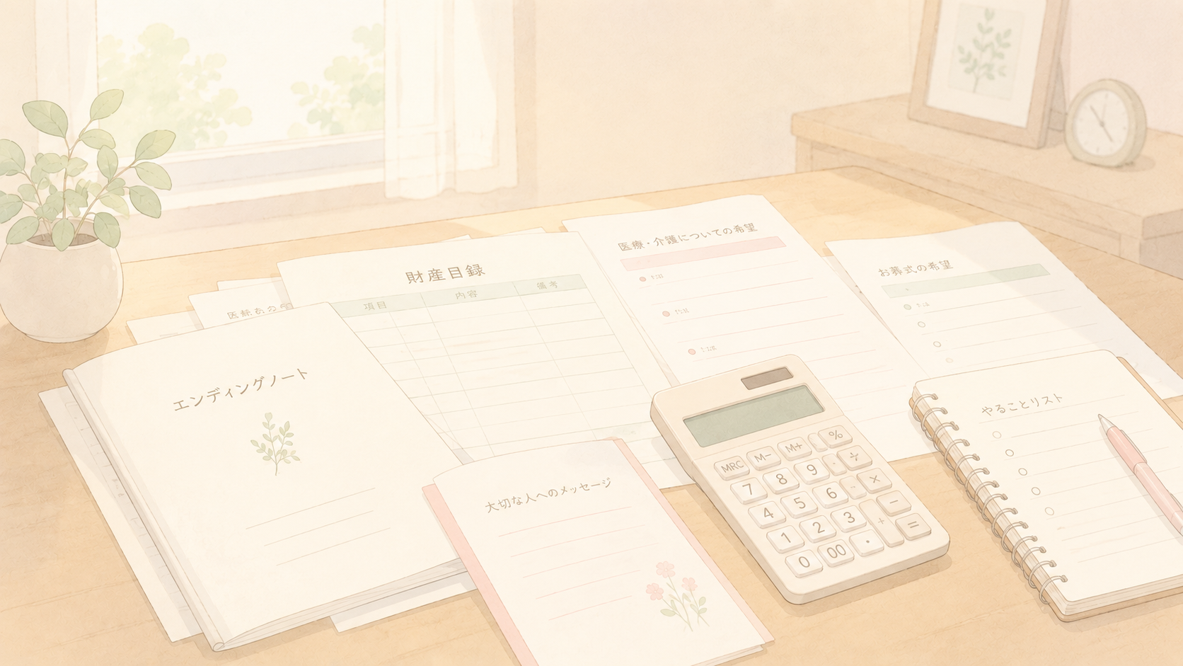 机に広げた書類と電卓