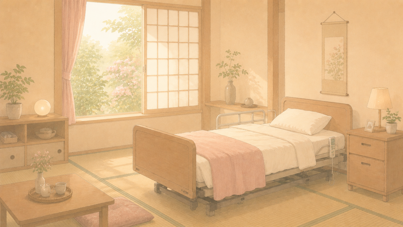 畳の部屋に置かれた介護ベッドと窓