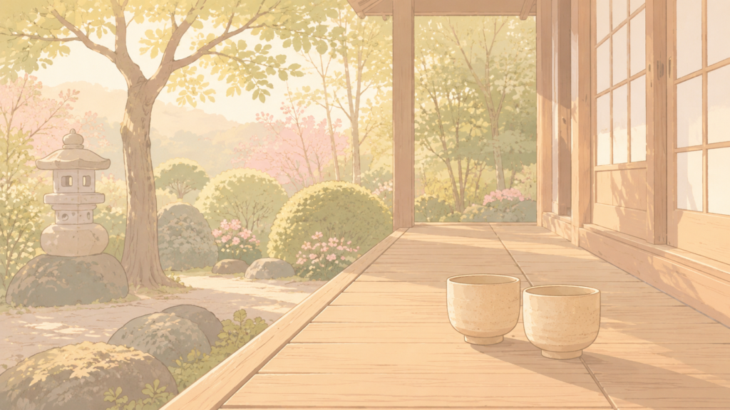 静かな縁側に差し込む午後の光と、二つのお茶碗